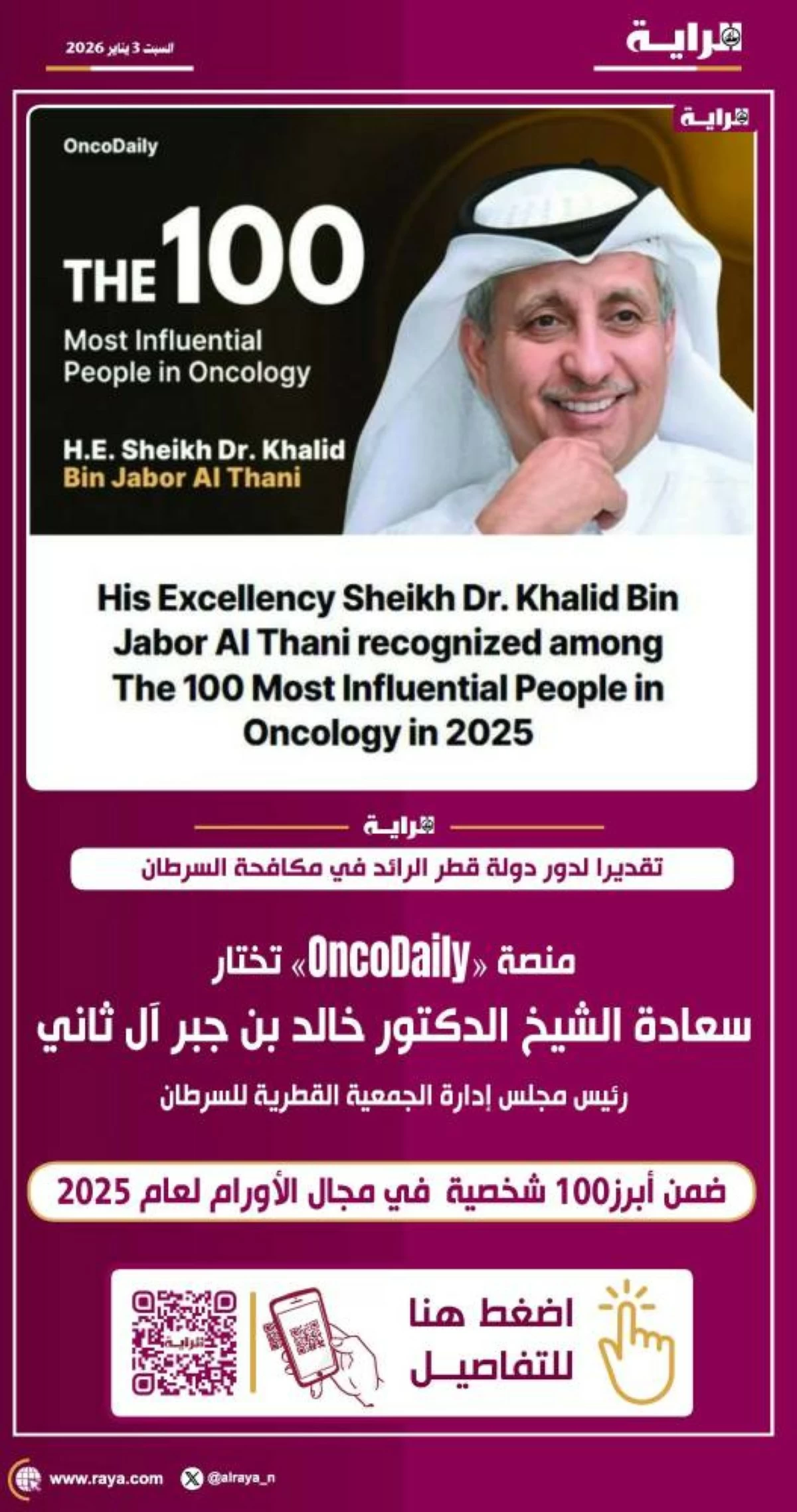صوره – منصة “OncoDaily” تختار سعادة الشيخ الدكتور خالد بن جبر آل ثاني رئيس مجلس إدارة الجمعية القطرية للسرطان