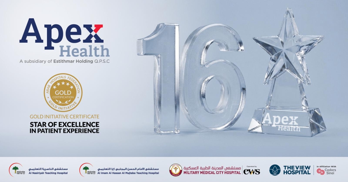 أخبار منوعة – Apex Health تحصد 16 جائزة وتحصل على أعلى تصنيف في النسخة السابعة لمبادرة الشهادة الذهبية لاتحاد المستشفيات العربي أخبار منوعة – Apex Health تحصد 16 جائزة وتحصل على أعلى تصنيف في النسخة السابعة لمبادرة الشهادة الذهبية لاتحاد المستشفيات العربي